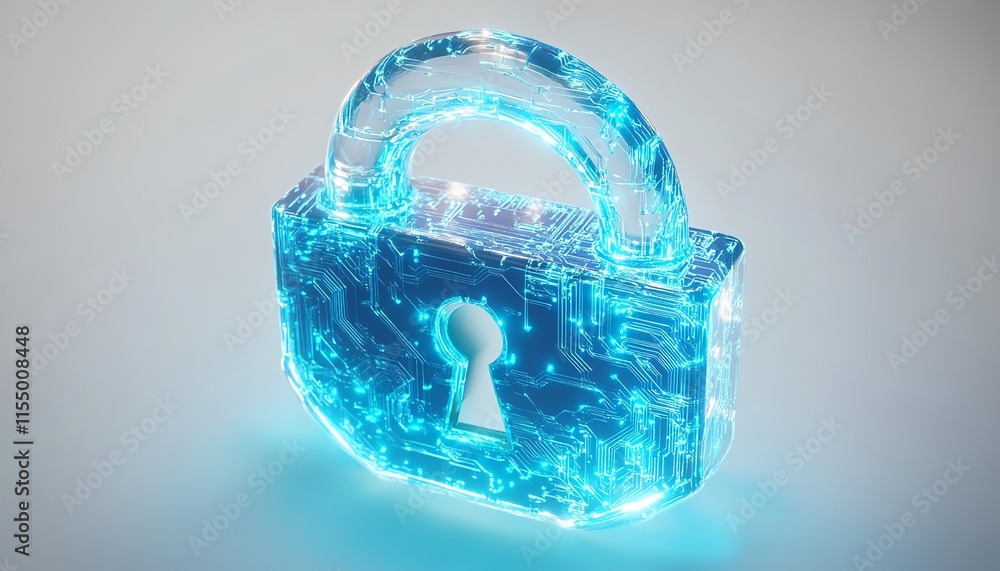 Poster Digital padlock icon with blue circuitry lines in a minimalistic style, white background, representing tech security and virtual protection, 3D rendering