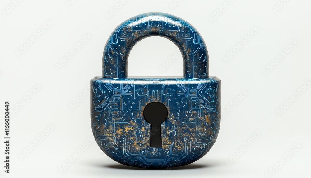 Aufkleber Digital padlock icon with blue circuitry patterns, minimalistic style, white background, symbolizing virtual protection and cybersecurity, 3D rendering
