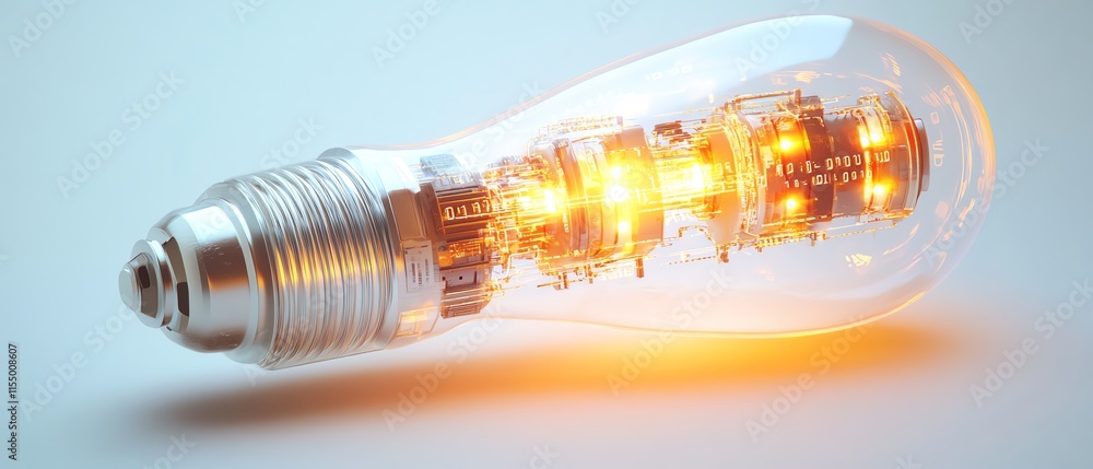 Fototapete futuristic digital lightbulb with complex circuit designs, binary code, and glowing light streaks on