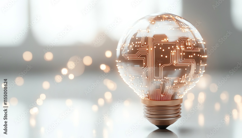 Leinwandbilder Futuristic digital lightbulb with abstract circuit patterns, binary code, and glowing light trails on a white background, symbolizing new ideas, 3D rendering