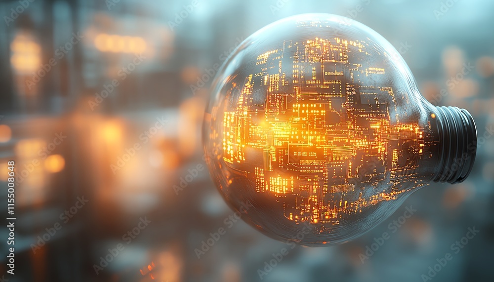 Leinwandbilder Futuristic digital lightbulb with abstract circuit patterns, binary code, and glowing light trails on a white background, symbolizing new ideas, 3D rendering