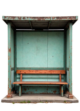 Old bus stop with two wooden benches, grunge wall, isolated on white background. new image this year