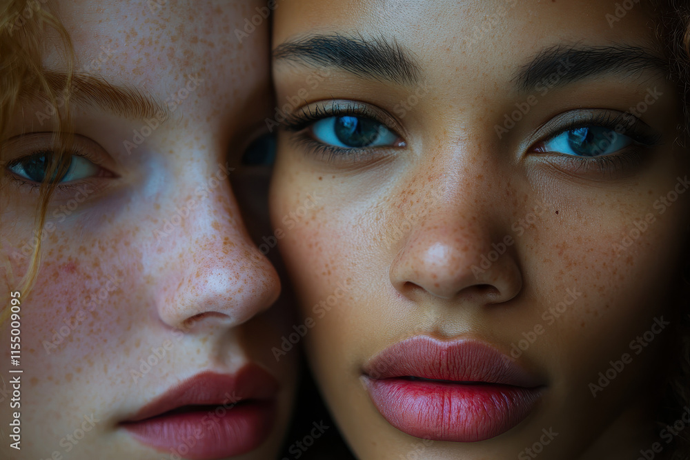 Wall mural Close-up portrait of two individuals with distinct features and expressions.