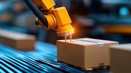 robotic arm efficiently handles packages on conveyor belt in factory. automation enhances productivity and precision in logistics