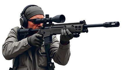 Fototapeta premium Military soldier shooter aiming ar assault rifle weapon.