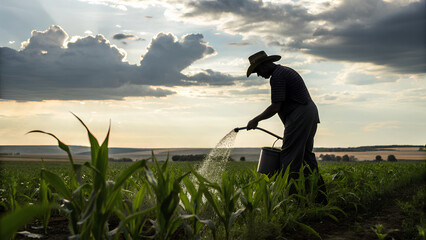 Fototapeta premium Farmer with his corn. Silhouette of Agriculture farm concept