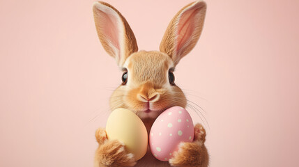 cute bunny holding colorful Easter eggs, radiating joy and playfulness