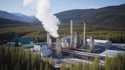 Fototapeta premium Aerial View of Industrial Plant Surrounded by Lush Green Forest