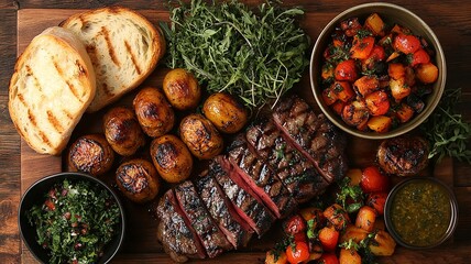 Sumptuous feast of grilled meats and vegetables on a rustic table