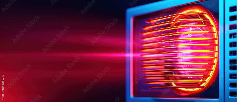 Poster close up of microwave with heat source, showcasing vibrant colors and modern design. glowing element