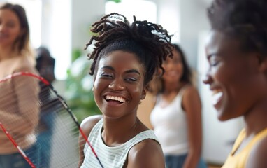 Obraz premium Happy black people playing tennis, badminton together. Bonding relationship, deep connections, profound, emotional intimacy, close, heartfelt, meaningful ties, trust, rapport, kinship, empathy concept
