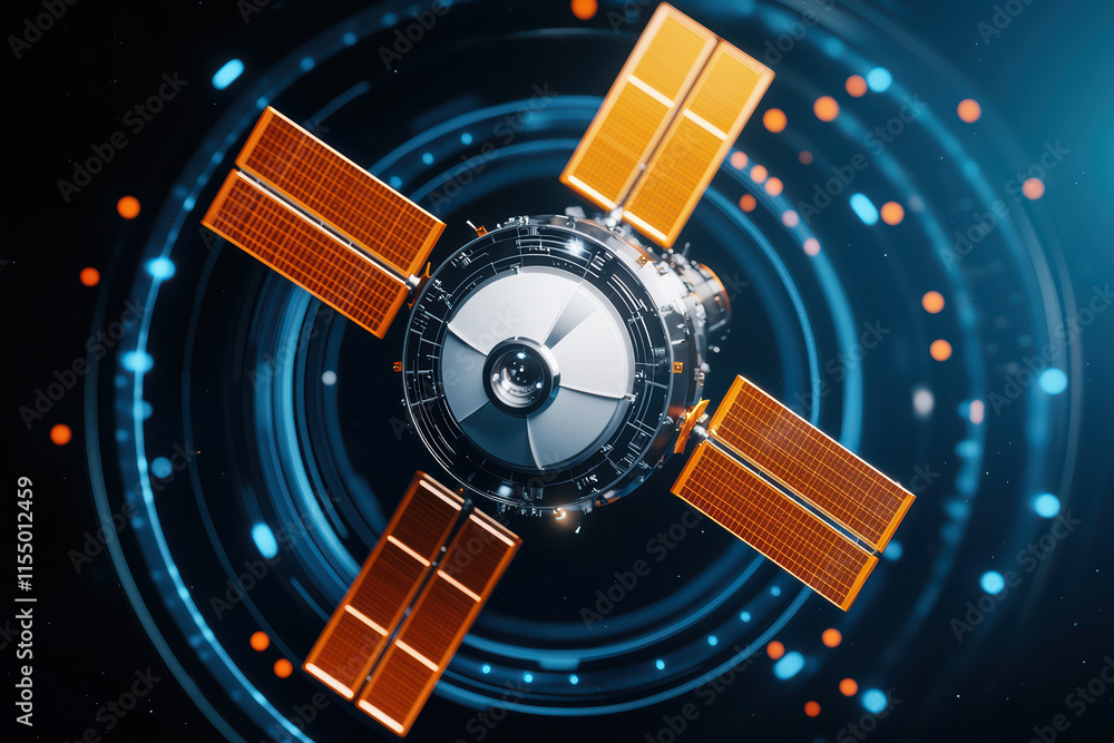 Poster close up view of model satellite with solar panels, floating in space, showcasing advanced technolog
