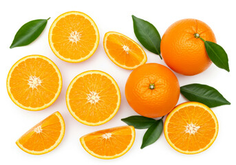 Fresh Orange Slices, Whole Oranges, and Leaves Arranged on White Background Top View