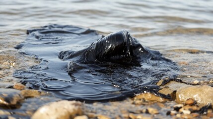 Fototapeta premium Oil Spill on Rocky Shore with Dramatic Natural Lighting