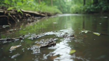 Fototapeta premium Pollution Impact in a Serene Farm River Scene