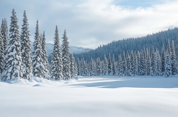 Obraz premium Serene Winter Landscape with Snow-Covered Evergreen Trees Amidst a Calm Snowy Plain Under a Soft Blue Sky