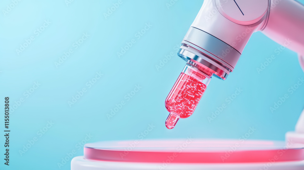 Poster robotic arm dispensing glowing liquid drop in lab setting, showcasing advanced technology and precis