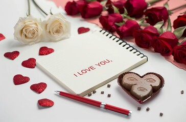 A notepad with the inscription "I LOVE YOU" on a red and white background, next to it is a chocolate bar with lettering in a wooden box, a pen pot with a pencil, heart-shaped paper lanterns