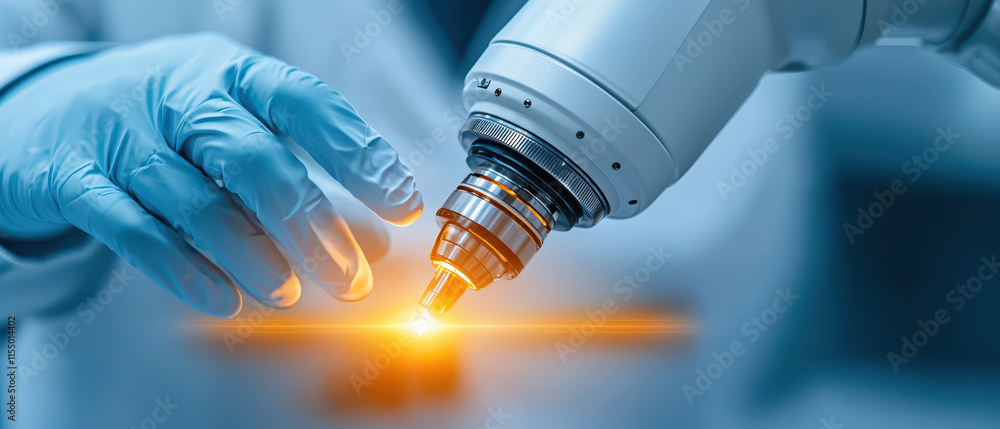 Poster scientist in lab coat uses robotic arm to perform precise tasks, showcasing advanced technology and 