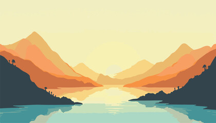 Tranquil Summer Afternoon: Minimalist Sunset Over Mountains Vector Illustration