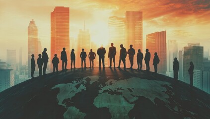 Silhouetted businesspeople stand on a world map, facing a sunrise cityscape.