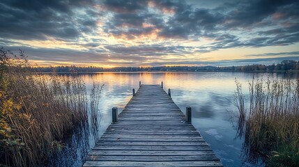 Fototapeta premium Serene Sunset Lake Pier