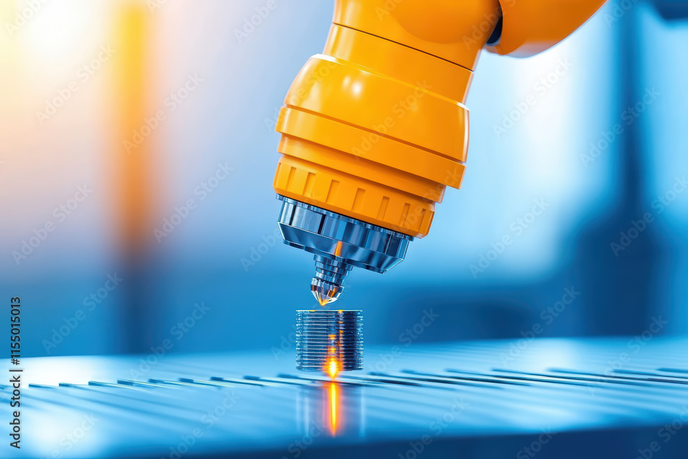 Poster close up of robotic arm with yellow end effector, precisely picking up metallic component, showcasing advanced technology and automation