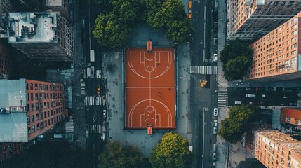 Obraz premium Aerial image of a basketball court nestled between city streets, highlighting its integration into urban life
