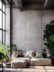 Modern Living Room With Concrete Wall and Plants