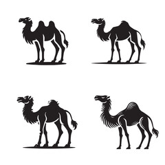 4 Set of Black Standing Camel Silhouettes Isolated on White Background