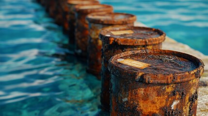 Naklejka premium Rusty Drums on Pier with Natural Water Background