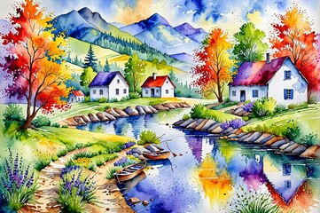 A painting of a small town with houses and a bridge over a river