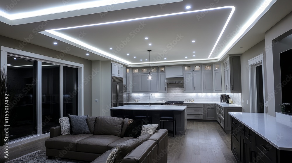 Poster linear led lighting embedded in a living room ceiling, creating a bright and streamlined effect in a
