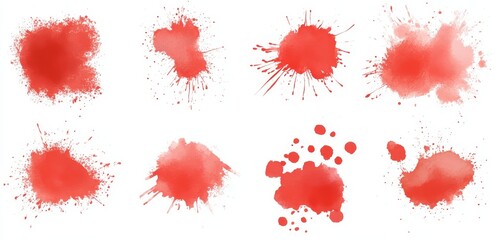 Eight red watercolor splatters isolated on white background. (2)