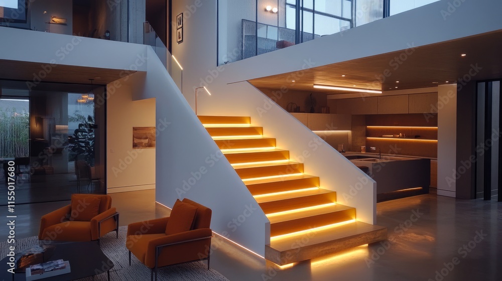 Poster linear led strips lighting a modern staircase, enhancing the streamlined design of the open-concept 