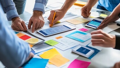 Team collaborating on app design, using sticky notes and tablets.