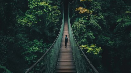 Person walks alone on a suspension bridge through lush rainforest.