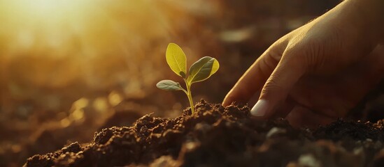 Hand planting a small sprout in rich soil at sunset.