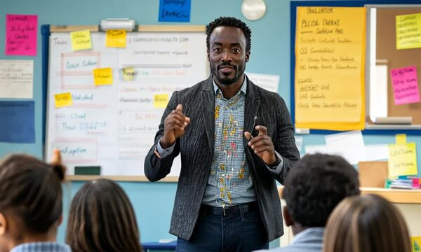 Engaging male teacher in a classroom setting motivating students with interactive teaching methods and fostering a collaborative learning environment