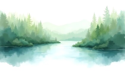 A serene watercolor landscape portraying a river that curves through a lively forest
