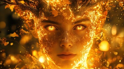 A mystical figure with glowing features and fiery elements, evoking nature's spirit.