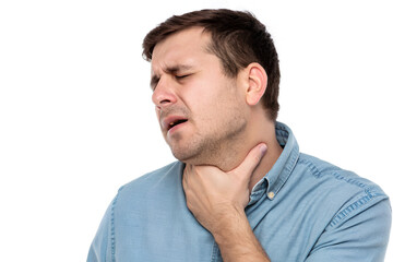 Fototapeta premium Close up - Man holding hands on neck with sore throat, tonsillitis. Healthcare and medical concept