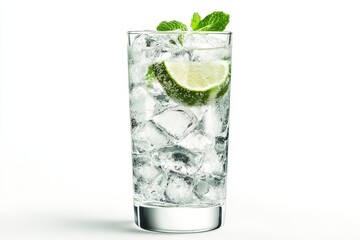 Refreshing lime and mint drink with ice in a highball glass.