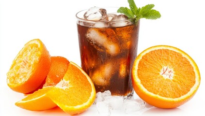 Iced tea with orange slices and ice in a glass.