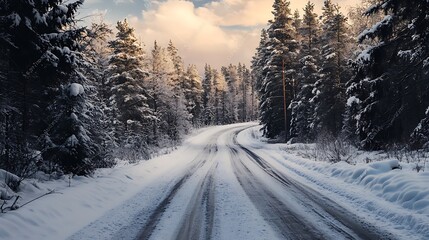 Obraz premium Snowy Winter Road Through Pine Forest. Scenic Winter Landscape.