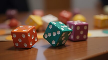 Vibrant dice roll!  A game of chance unfolds on a polished wood surface.  Colorful cubes, exciting possibilities.