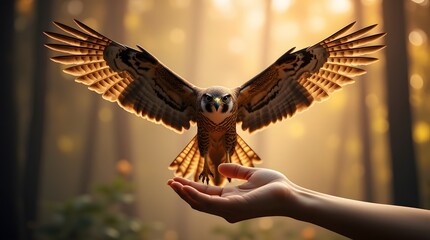 Majestic falcon descends, wings outstretched, landing gently on an outstretched hand in a sun-dappled forest.