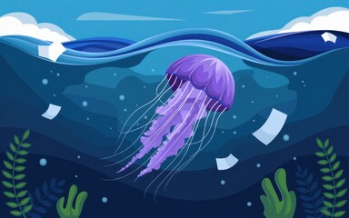  A jellyfish with purple and blue tentacles floating in calm, clear water under a bright, cloudy sky.