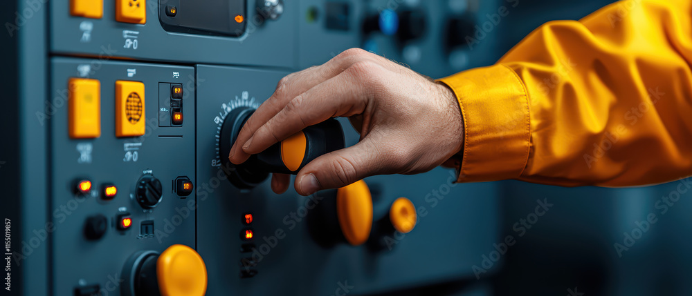 Aufkleber close up of engineer adjusting control panel with knobs and buttons, showcasing precision and focus 