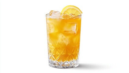 Iced tea in a cut-glass tumbler with lemon.